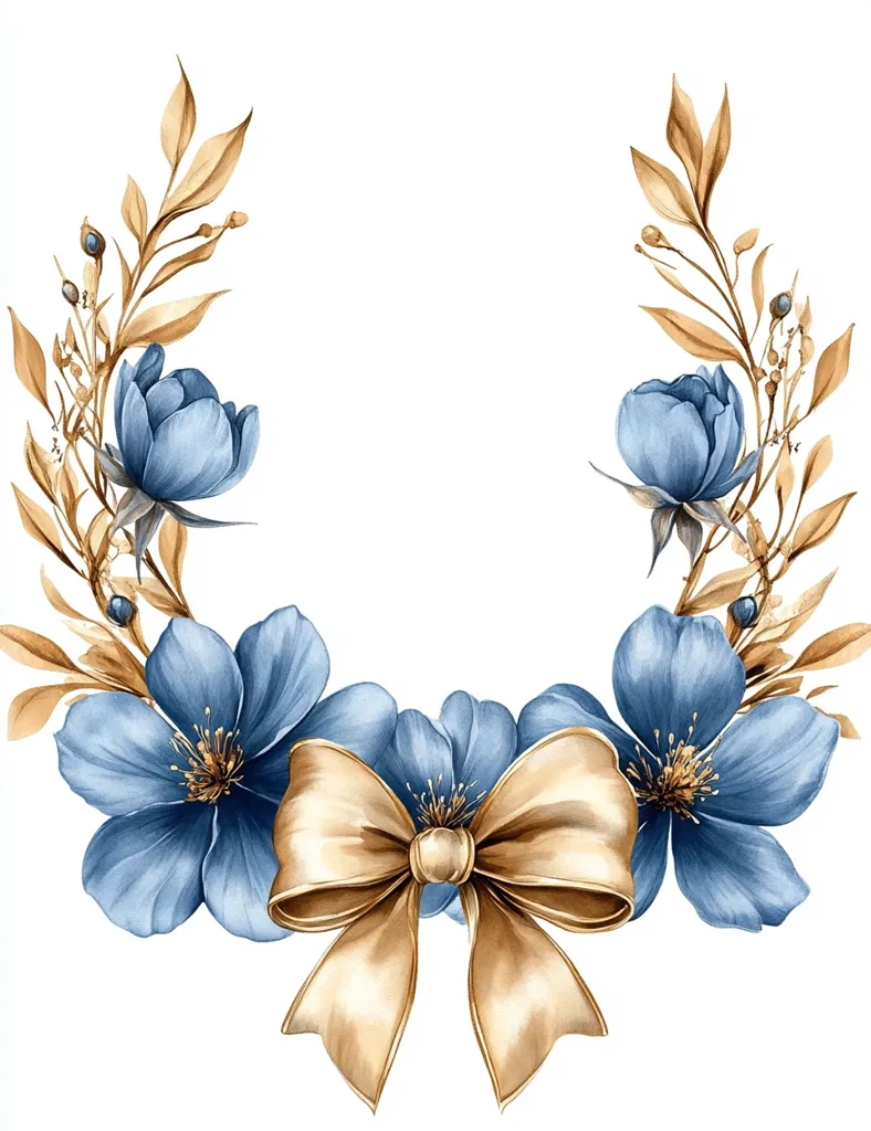 A watercolor illustration of a floral arrangement.  Dusty blue flowers, resembling large anemones, are the centerpiece, framed by elegant, gold-toned branches. A large, soft gold bow sits at the base of the blooms, adding a touch of elegance. The overall style is delicate and romantic, suitable for invitations or other stationery. The white background makes the colors pop.