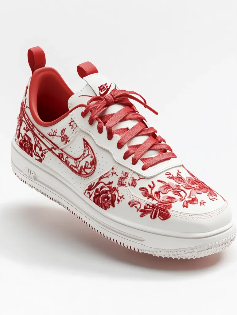 A Nike Air Force 1 sneaker is showcased, featuring a predominantly white leather upper adorned with intricate red floral embroidery.  The red embroidery extends across the shoe, including the Nike swoosh. Red laces and lining complement the design. The sole is white with a textured edge. The shoe is presented against a clean white background, highlighting its delicate details and craftsmanship.