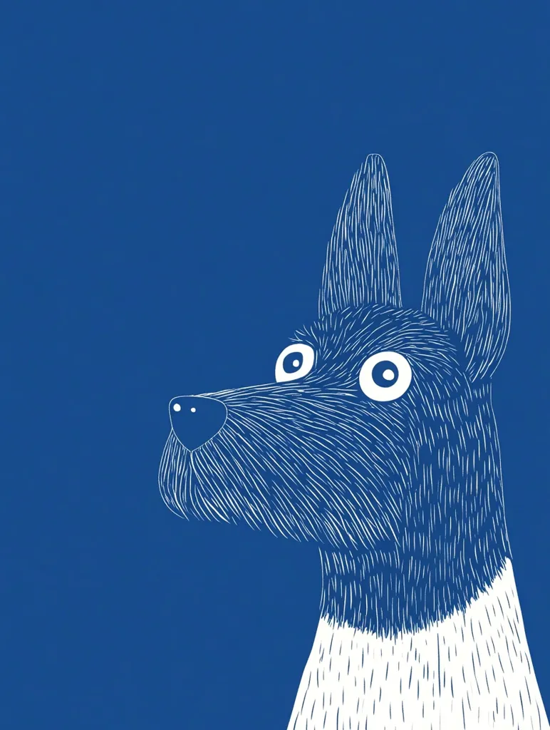 A stylized illustration of a dog's head and shoulders against a solid blue background. The dog is depicted in white line art, with its fur rendered as short, parallel lines.  Its large, round eyes and pointed ears are prominent features. The dog appears curious, looking upward and to the left. The overall style is minimalist and playful.