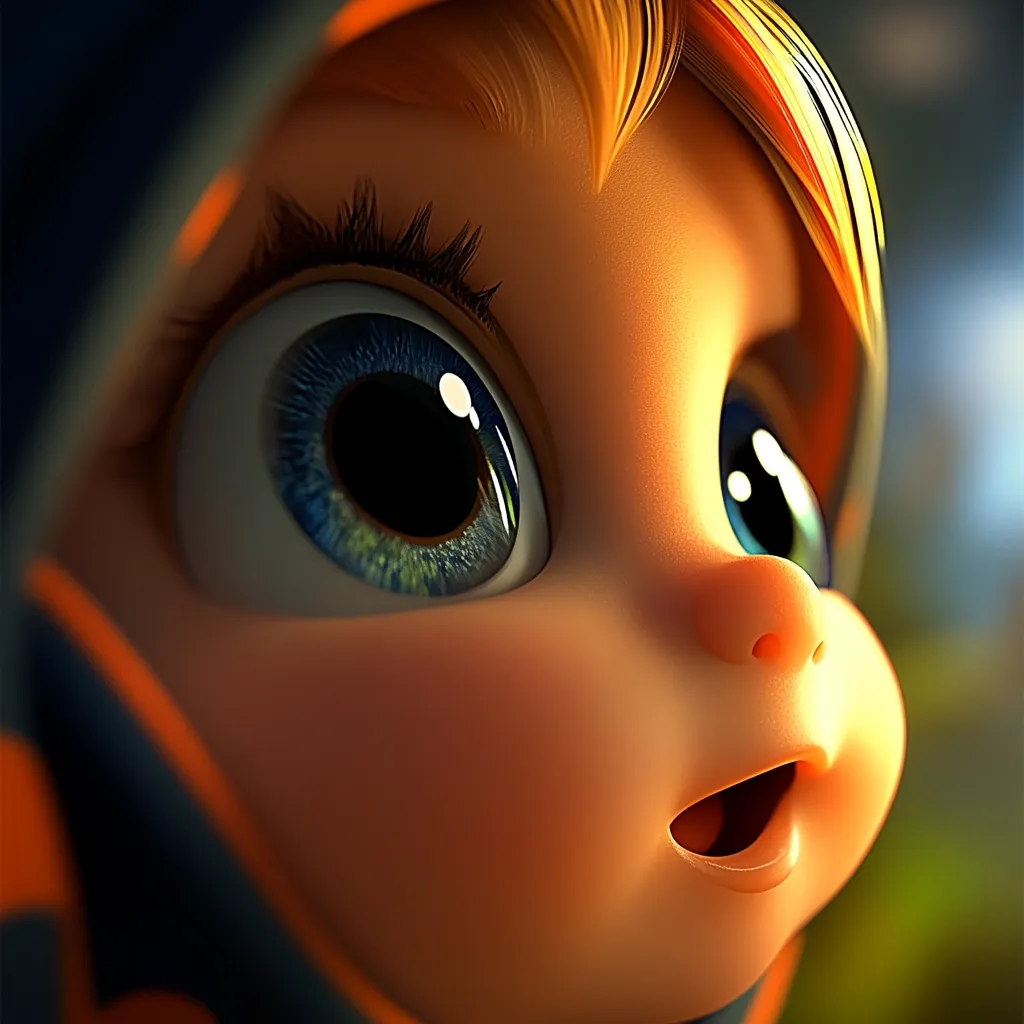 Close-up of a stylized 3D-rendered baby's face.  Large, expressive blue eyes and a surprised open mouth are prominent features.  The baby's skin is smooth and glows with warm light, contrasting with the darker blue and orange hues of its hooded clothing. The overall style is cute and appealing, suggestive of a character from an animated film or video game.
