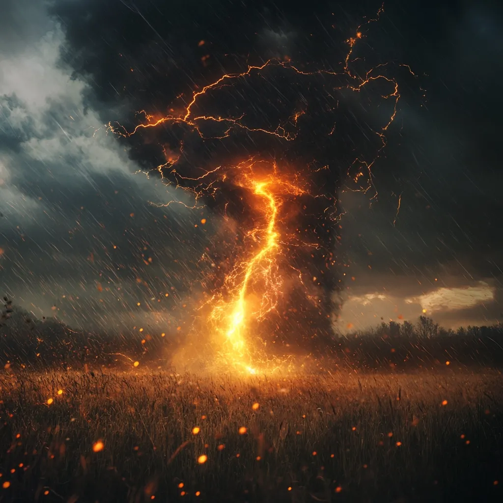 A fiery lightning bolt erupts from a dark, swirling vortex amidst a torrential downpour.  Embers and sparks rain down on a field of tall grass, creating a dramatic, apocalyptic scene. The ominous storm clouds dominate the sky, enhancing the intensity of the fiery spectacle.  The image suggests immense power and the destructive forces of nature.
