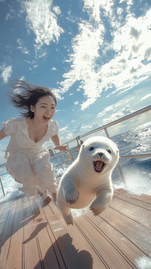 A young woman in a white dress joyfully runs on a yacht deck towards a playful white seal pup. The seal appears to be leaping towards the woman.  The scene is bright and sunny, with a clear blue sky and ocean visible in the background.  The overall mood is one of fun and excitement.