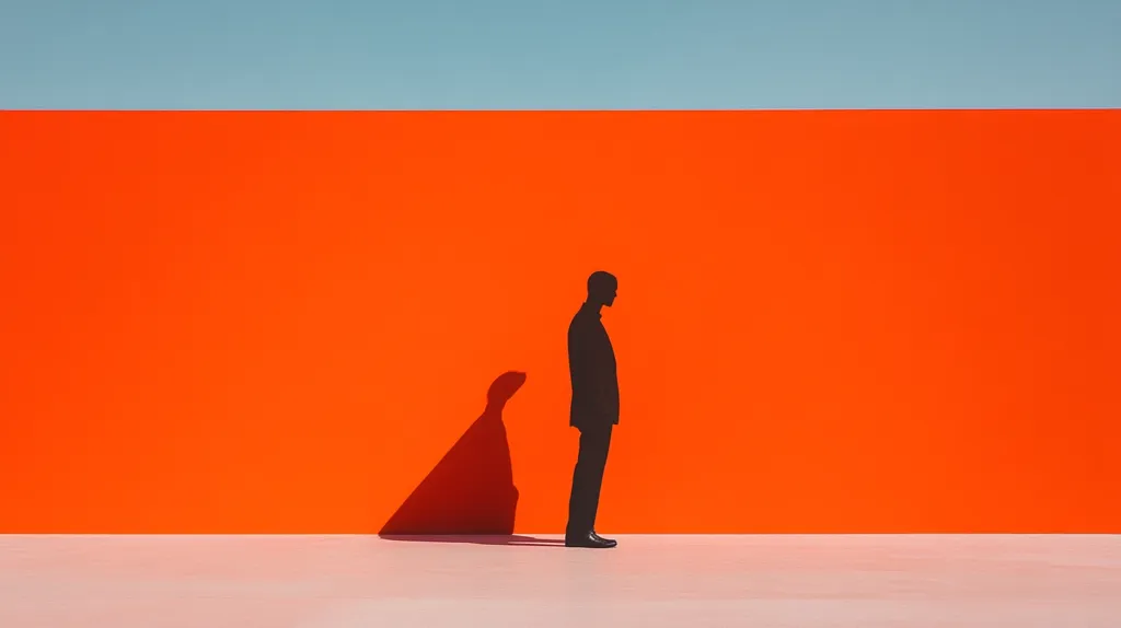 A minimalist image shows a man's silhouette standing before a vibrant orange wall.  His shadow stretches dramatically behind him, creating a striking contrast against the bright background and pale floor.  The scene evokes a sense of solitude and contemplation, emphasized by the stark color palette and simple composition.  The overall effect is one of graphic elegance and quiet intensity.