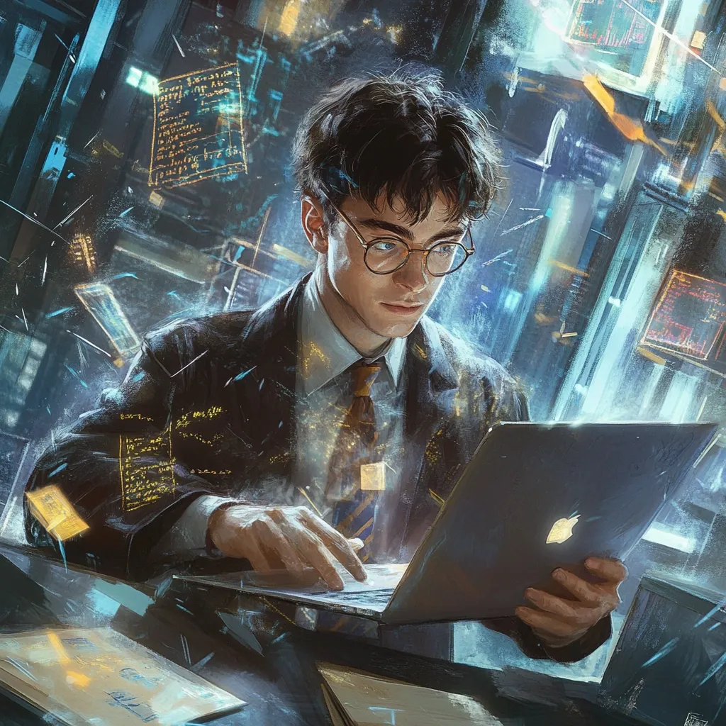 A stylized portrait of Harry Potter, now an adult, is depicted working on a laptop. He wears glasses and a suit, suggesting a professional setting.  Surrounding him is a flurry of digital data and code, creating a futuristic, almost magical atmosphere. The overall style is vibrant and dynamic, blending elements of fantasy and technology.  The image suggests a blend of his past and a modern, technologically advanced future.