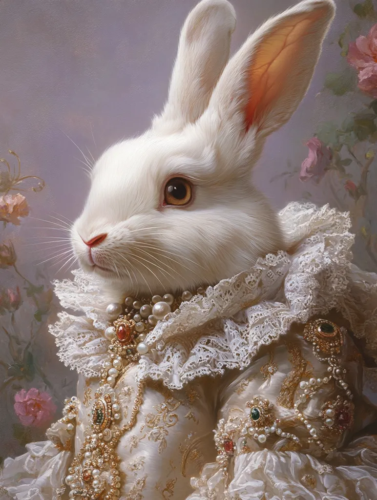 A white rabbit is depicted in a regal portrait, adorned in an ornate, cream-colored gown.  The dress features intricate lace detailing at the collar and cuffs, embellished with pearls and golden jewelry. The rabbit's pose is elegant, its gaze directed slightly away from the viewer, creating a sophisticated and charming image.  The background subtly features muted pink roses, further enhancing the painting's romantic atmosphere.