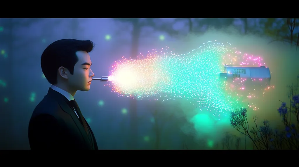 A man in a suit stands in profile, a device emitting a vibrant, multicolored stream of particles directed at his face.  The scene is set in a mystical, foggy forest with glowing particles floating in the air. The overall aesthetic is surreal and futuristic, blending fantasy and technology.
