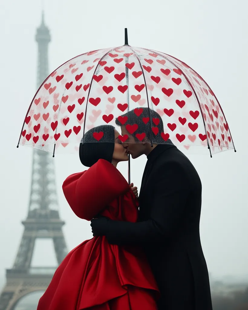 A romantic couple shares a tender kiss under a heart-shaped umbrella in Paris.  The Eiffel Tower stands in the background, slightly blurred, under a misty sky. The woman wears a vibrant red dress, while the man is dressed in a classic black suit. The scene is evocative of love and Parisian romance.
