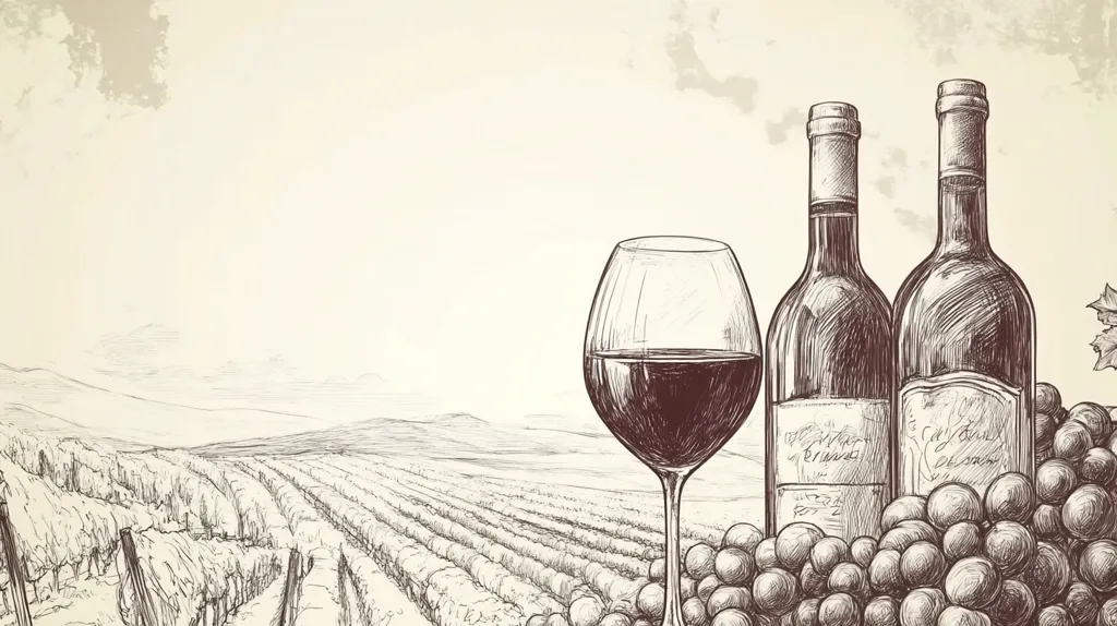 A sketch-style illustration depicts a tranquil vineyard landscape.  Two wine bottles, adorned with labels, rest among bunches of grapes.  A wine glass filled with red wine sits in the foreground, completing the scene.  The style suggests a vintage or rustic feel, emphasizing the beauty of winemaking. The background is a light beige with subtle texture.