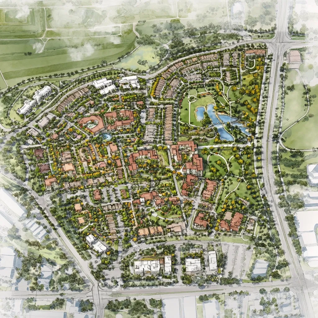 An aerial perspective showcases a meticulously planned community.  Residential buildings, primarily low-rise, are clustered around green spaces, including ponds and parks.  Roads wind through the development, connecting various sections.  Larger structures, possibly commercial or community buildings, are interspersed throughout. The overall design emphasizes a blend of residential and green areas, creating a visually appealing and potentially walkable environment.