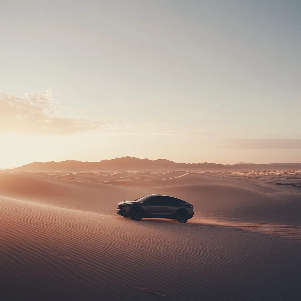 A sleek, dark-colored SUV traverses a vast, undulating sand dune desert at sunset.  The warm light casts long shadows, highlighting the vehicle's silhouette against the expansive landscape.  Mountains are visible on the horizon, adding to the serene yet dramatic beauty of the scene. The image evokes a sense of adventure and freedom.