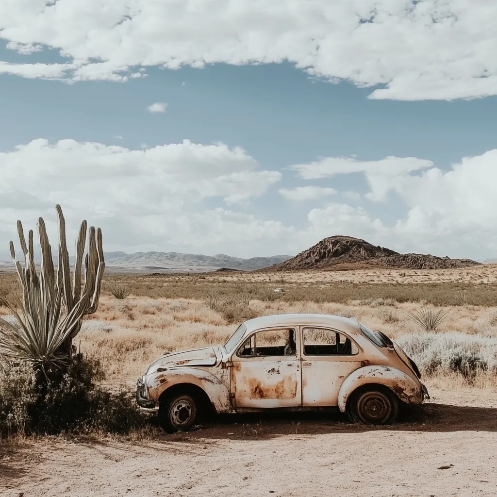 A rusty, vintage car sits abandoned in a desert landscape.  A tall cactus stands nearby, contrasting against the dry, brown grasses and distant mountains under a partly cloudy sky. The scene evokes a sense of isolation and the passage of time.  The car's weathered paint and flat tires further emphasize its derelict state.