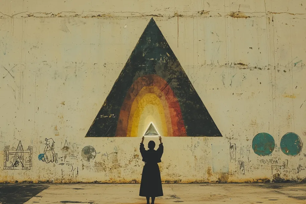 A person in a long coat stands before a large, weathered triangle painted on a wall.  The triangle features a rainbow-like arc emanating light from its base.  The individual holds a smaller, luminous triangle aloft, creating a visually striking contrast against the grunge backdrop.  Scratches and graffiti cover the surrounding wall, adding texture to the scene.