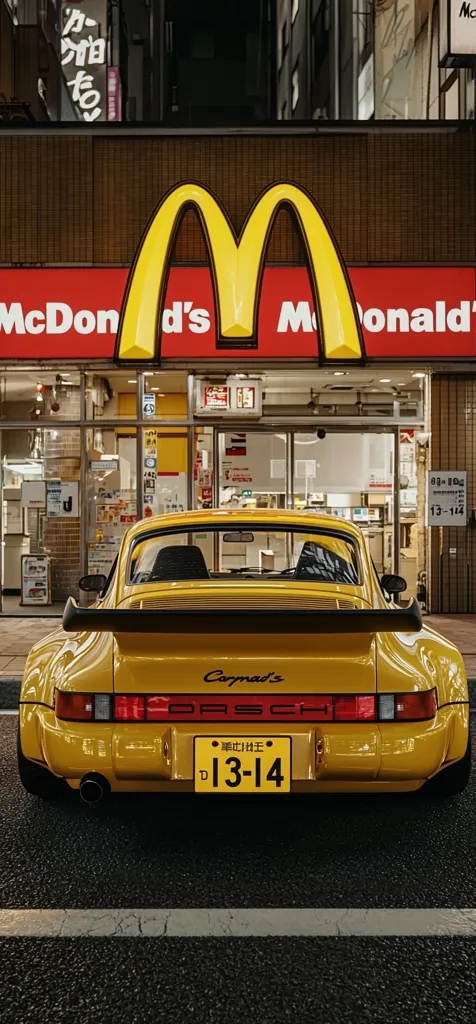 A vibrant yellow Porsche 911 (930) is parked in front of a McDonald's restaurant in Japan.  The car's rear is prominently displayed, showcasing its license plate and "Corrynad's" inscription. The McDonald's signage is clearly visible, and the overall scene is a striking contrast between the classic car and the modern fast-food setting. The nighttime setting adds to the image's atmospheric quality.