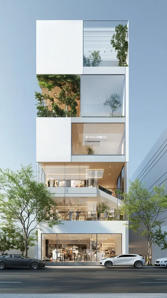 A modern, multi-story building features a minimalist white exterior with expansive glass windows showcasing its interior.  Green spaces are incorporated into the design, with small trees and plants visible on balconies. The ground floor appears to house a retail space, while upper floors might be offices or apartments. The building's clean lines and integration of nature create a visually appealing and contemporary structure. Cars are parked on the street in front.