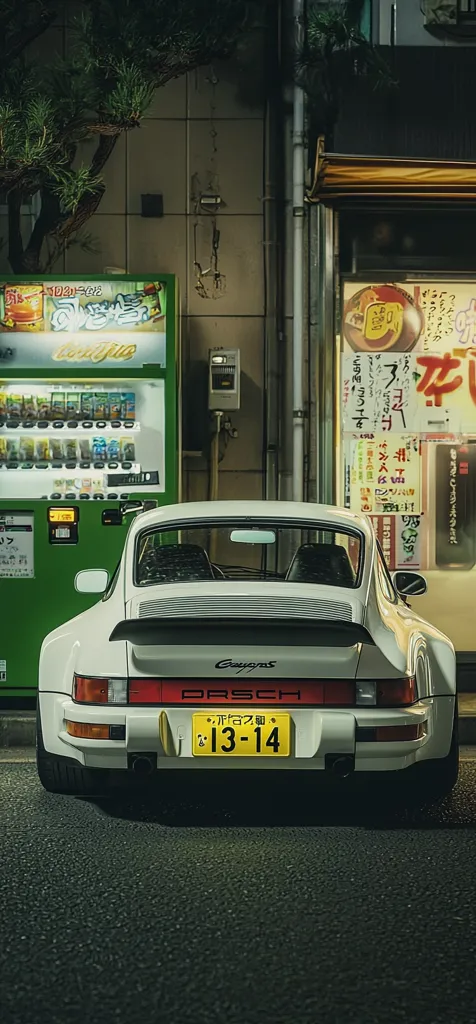 A classic white Porsche 911 Carrera is parked on a nighttime street in Japan.  The car is positioned in front of a vending machine and brightly lit shops with Japanese signage.  The scene evokes a nostalgic atmosphere of a Japanese city street at night. The image's color palette is muted and warm, highlighting the car and its surroundings.