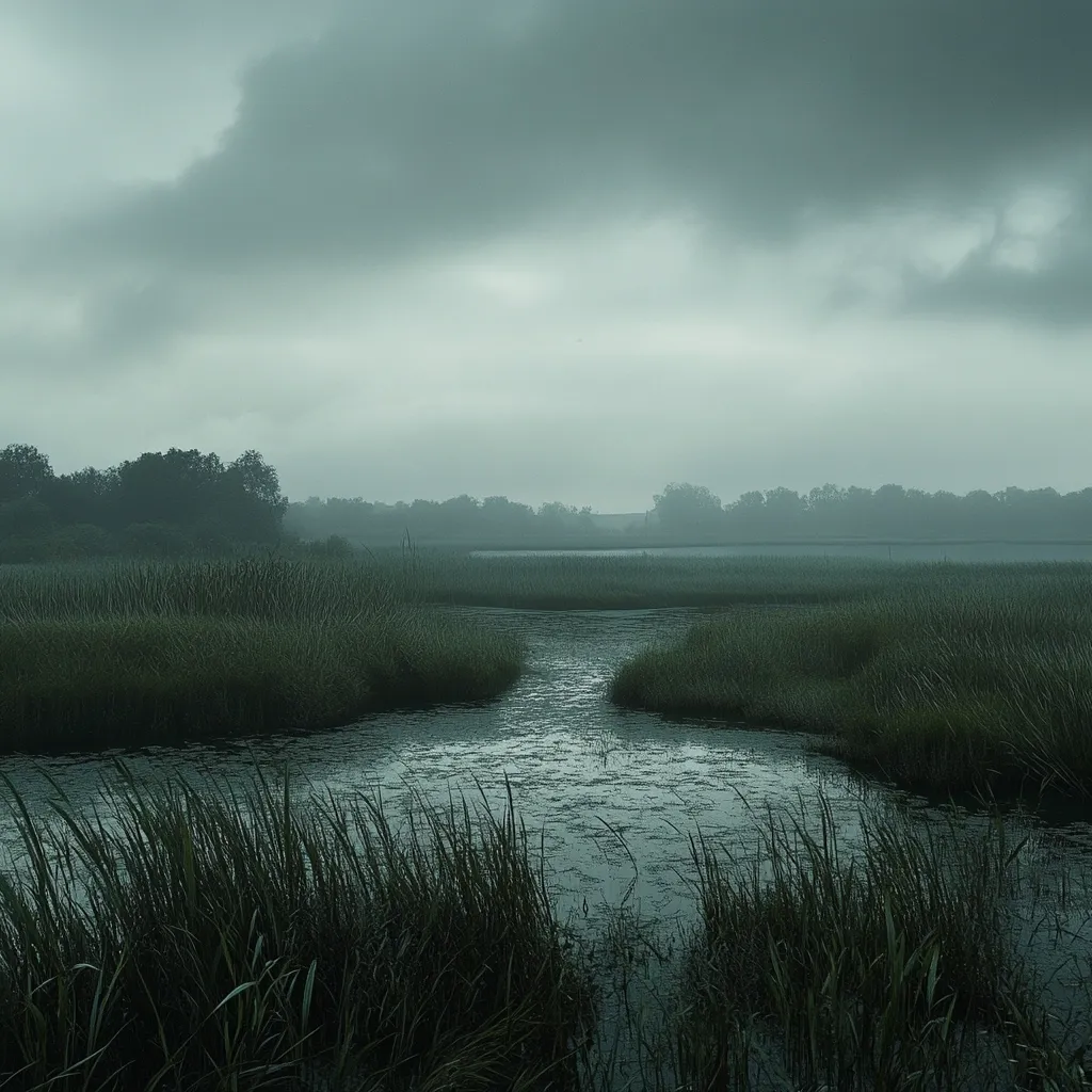 A tranquil marshland scene unfolds under a brooding, overcast sky.  Still water reflects the muted light, winding through tall grasses that dominate the landscape.  A line of trees fades into the misty distance, creating a serene, yet somewhat mysterious atmosphere. The overall color palette is cool and subdued, emphasizing the calmness of the natural setting.
