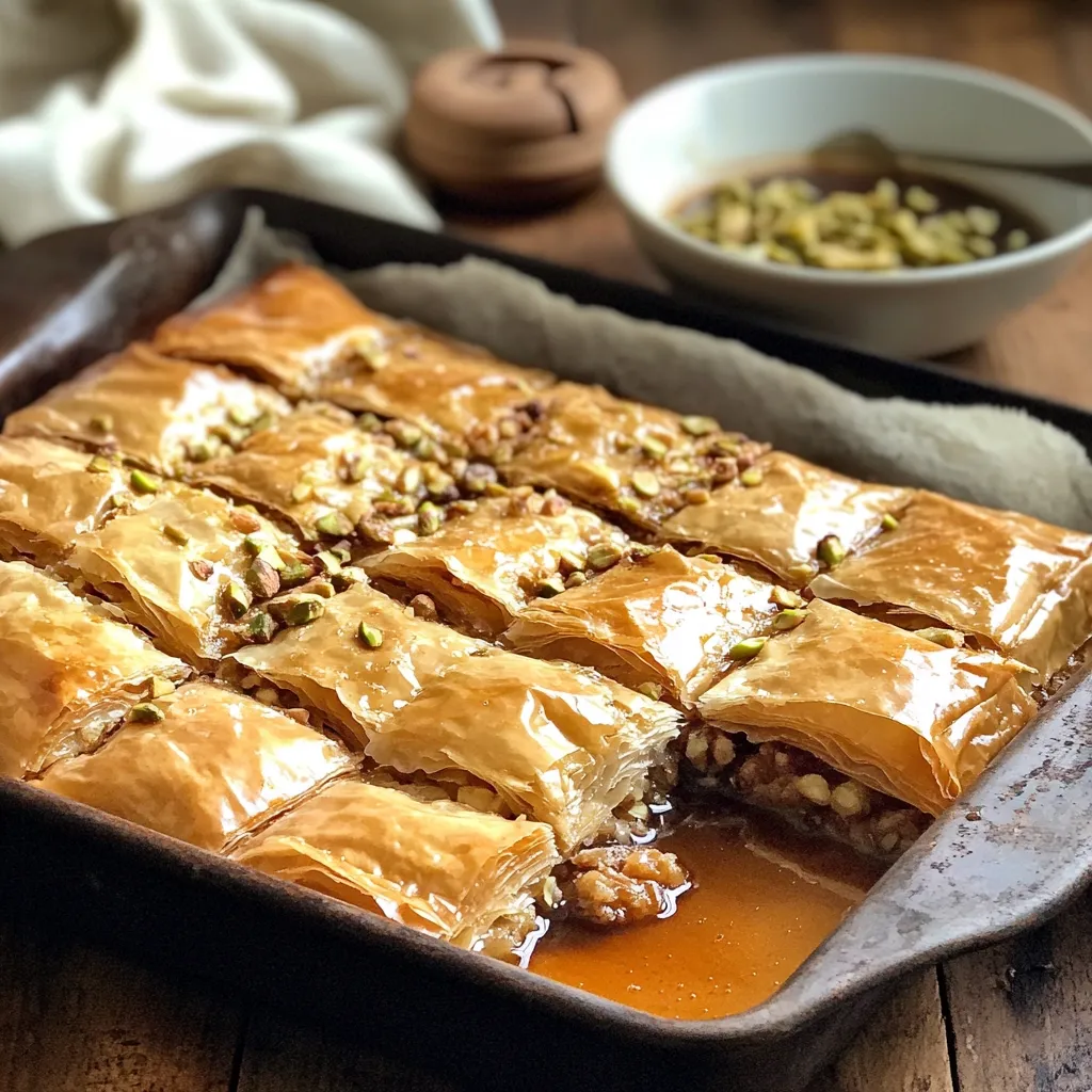 A golden-brown baklava, glistening with syrup, is presented in a dark baking pan.  Cut into neat squares, the pastry layers are generously topped with pistachios.  A bowl of extra pistachios and syrup sits nearby, hinting at the sweet, nutty flavor within. The rustic wooden background enhances the dessert's warm, inviting appeal.
