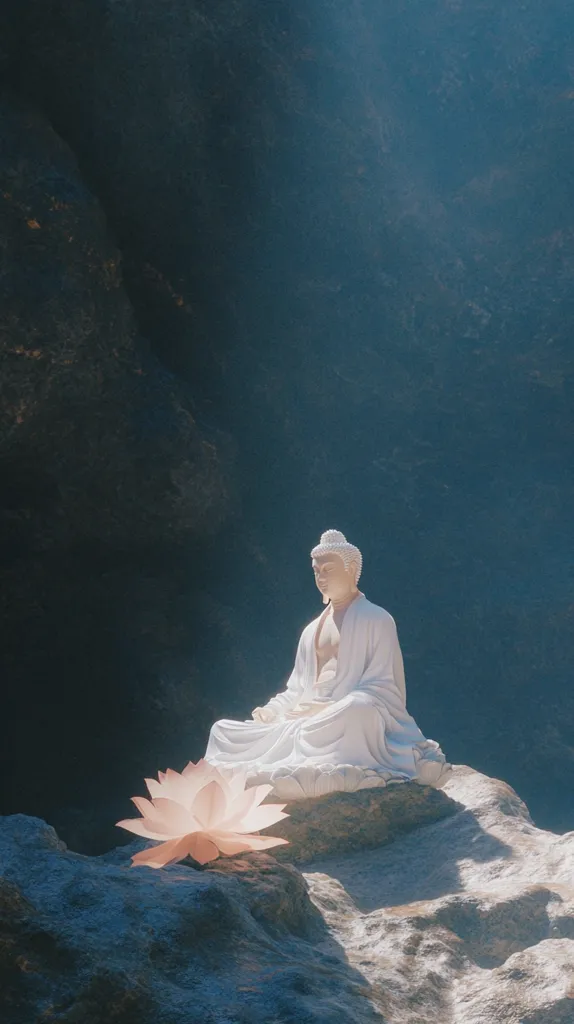 A serene statue of Buddha, dressed in flowing white robes, sits in a meditative pose on a rocky outcrop.  A delicate, peach-colored lotus flower rests at the base of the statue.  The background is a shadowy, textured cliff face, bathed in a soft, ethereal light. The scene evokes a sense of peace and tranquility.