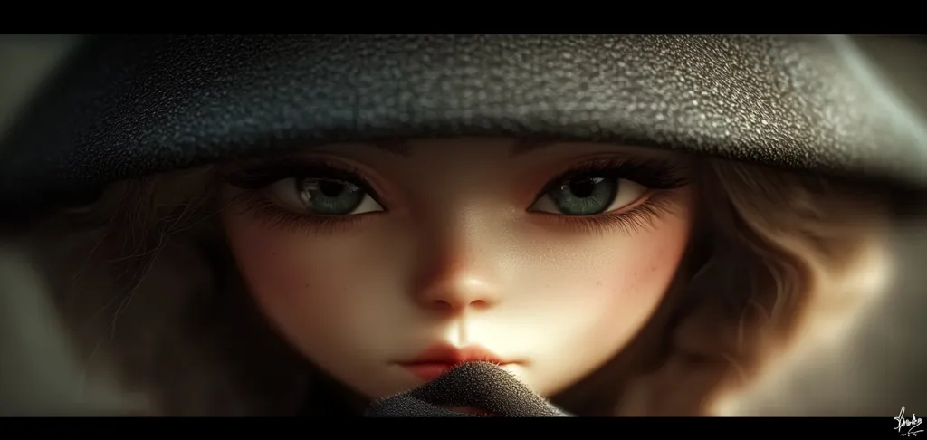 A close-up digital rendering of a young woman's face.  She is partially obscured by a dark hooded garment, revealing only her large, expressive green eyes and delicate features.  The lighting is dramatic, highlighting her skin and emphasizing a sense of mystery. The overall style is realistic with a touch of fantasy, creating a captivating and enigmatic portrait.