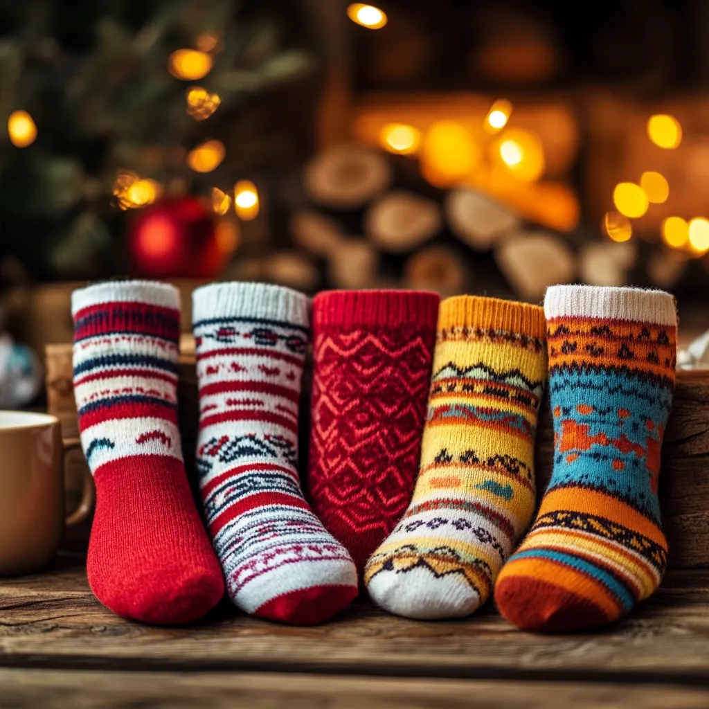Four cozy, colorful Christmas socks sit on a rustic wooden surface.  Each sock boasts a unique knitted pattern in red, white, yellow, and blue.  The background is blurred, showcasing a Christmas tree with twinkling lights and a warm, inviting fireplace. The scene evokes feelings of warmth, comfort, and the holiday season.