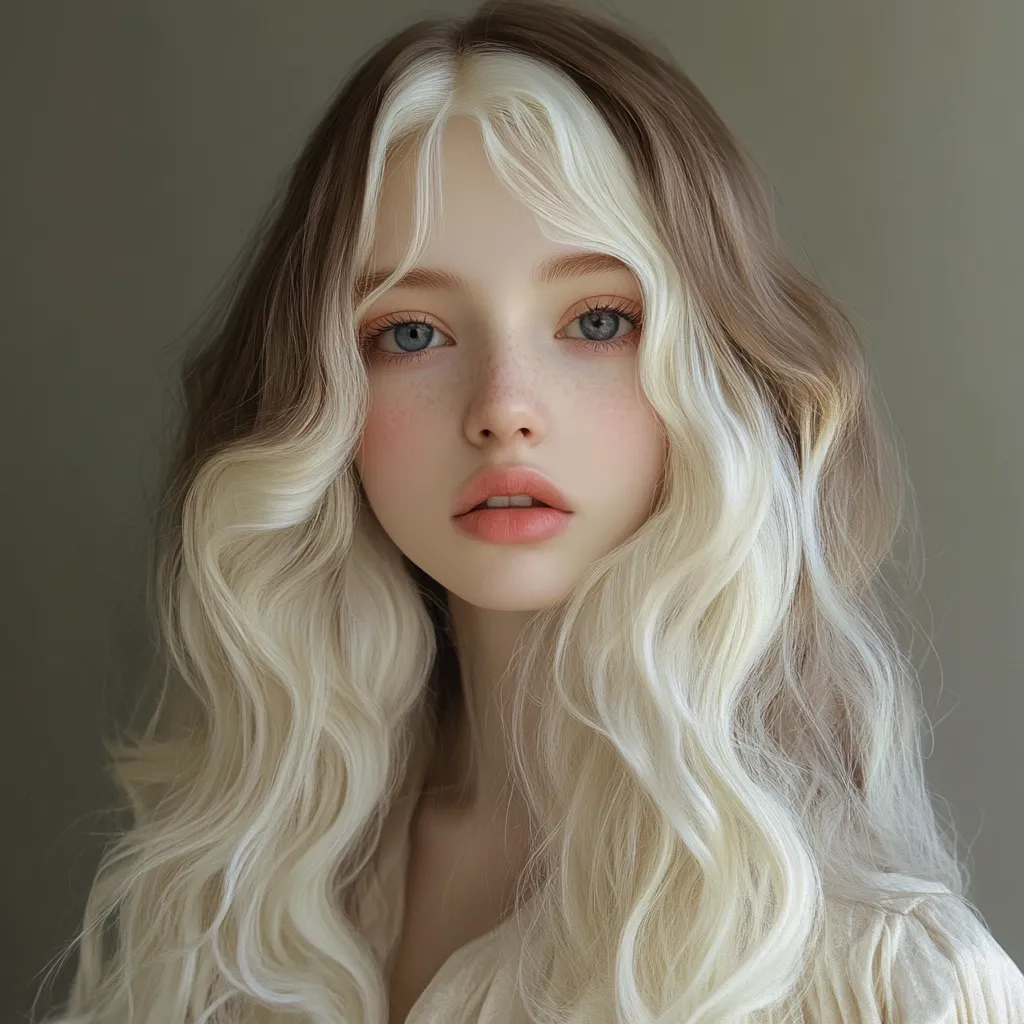 A portrait of a young woman with long, wavy blonde hair, featuring a striking contrast of light blonde highlights against a softer brown base.  Her light skin, delicate features, and light blue eyes create a soft, ethereal look.  She is dressed in a simple, light beige top. The overall style is romantic and dreamy.