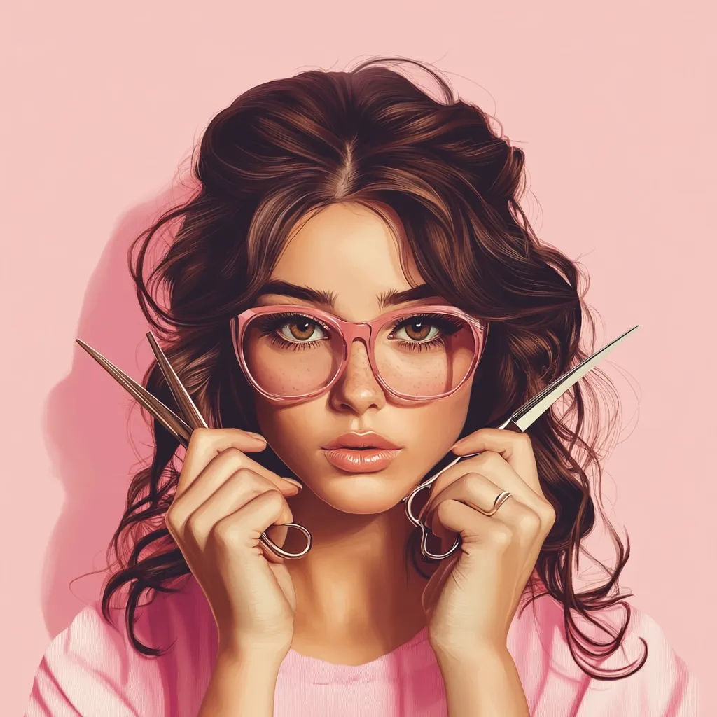 A stylized illustration of a young woman with shoulder-length brown hair, wearing pink glasses and a pink shirt.  She holds a pair of scissors delicately, her expression serene and confident. The overall aesthetic is retro-inspired, with soft lighting and a pastel color palette.  The image suggests a theme of beauty, style, or hairdressing.
