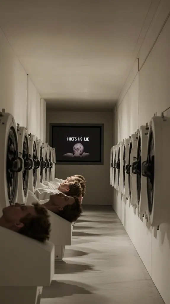 A long, narrow room is lined with rows of white pods, each containing a person lying down, their faces visible.  A screen at the far end displays the text "HHCTS IS LIE" above an image of an angelic figure. The setting is sterile and minimalist, creating a surreal and unsettling atmosphere. The overall impression is one of confinement and possibly a commentary on truth and deception.