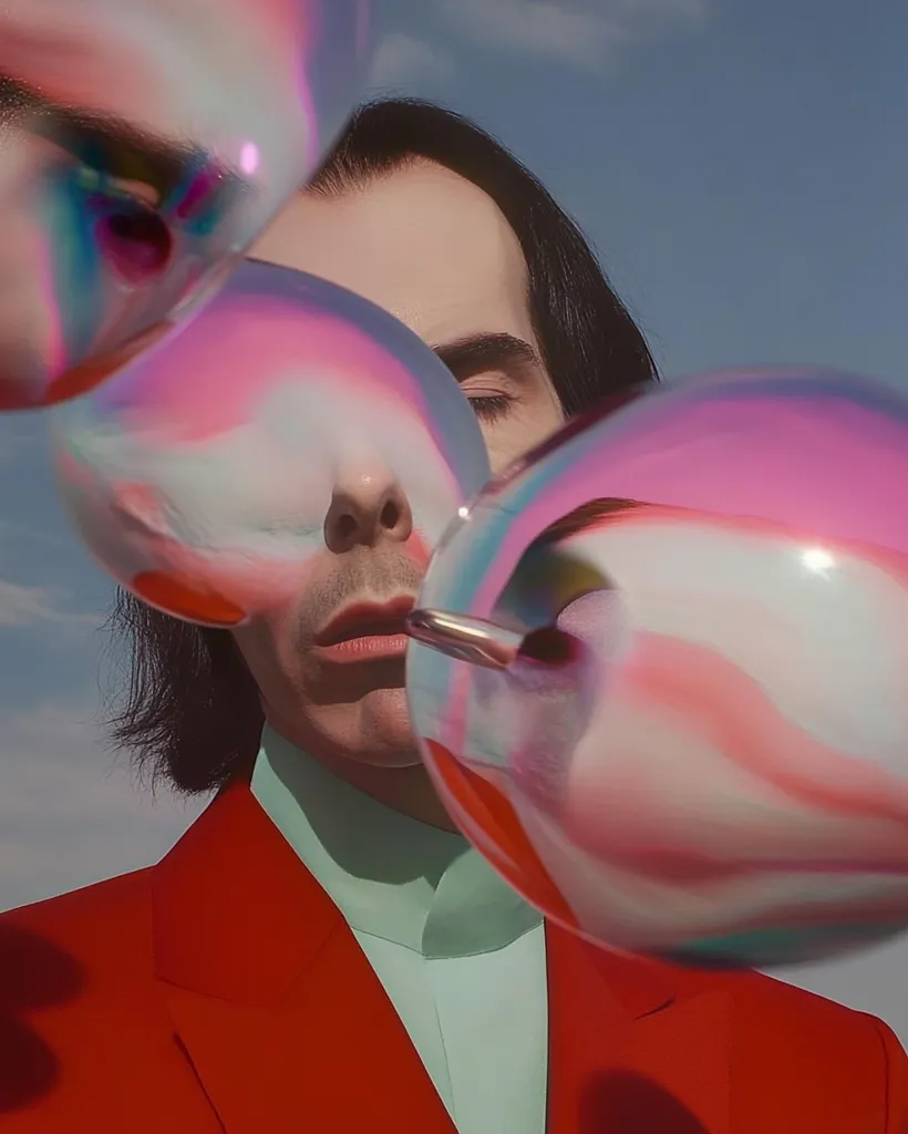 A person with dark hair, wearing a red blazer and mint green collared shirt, is partially obscured by several large, iridescent soap bubbles.  The bubbles are pink, white, and show rainbow reflections, creating a surreal and dreamlike effect. The subject's face is visible through the bubbles, adding to the image's otherworldly atmosphere. The background is a clear, light blue sky.