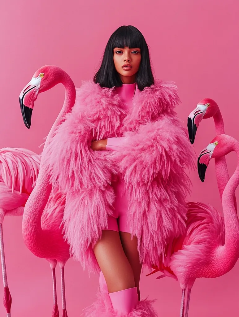 A fashion model with dark bobbed hair poses in a vibrant pink fluffy coat.  She's surrounded by three pink flamingos, creating a monochromatic, playful, and surreal scene against a matching pink backdrop. The model's pose is confident, her attire stylish, and the overall image exudes a bold, fashionable statement.