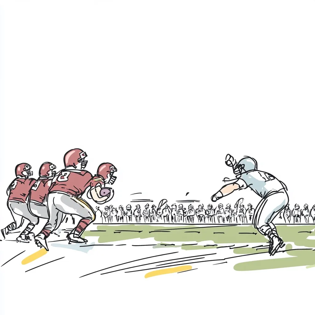 A sketch depicts an American football game.  Four offensive players in red jerseys huddle, preparing to advance the ball.  Opposite them, a lone defensive player in a light blue jersey lunges forward, anticipating the play.  Spectators line the sidelines, observing the intense moment before the snap.  The dynamic lines capture the energy and anticipation of the game.