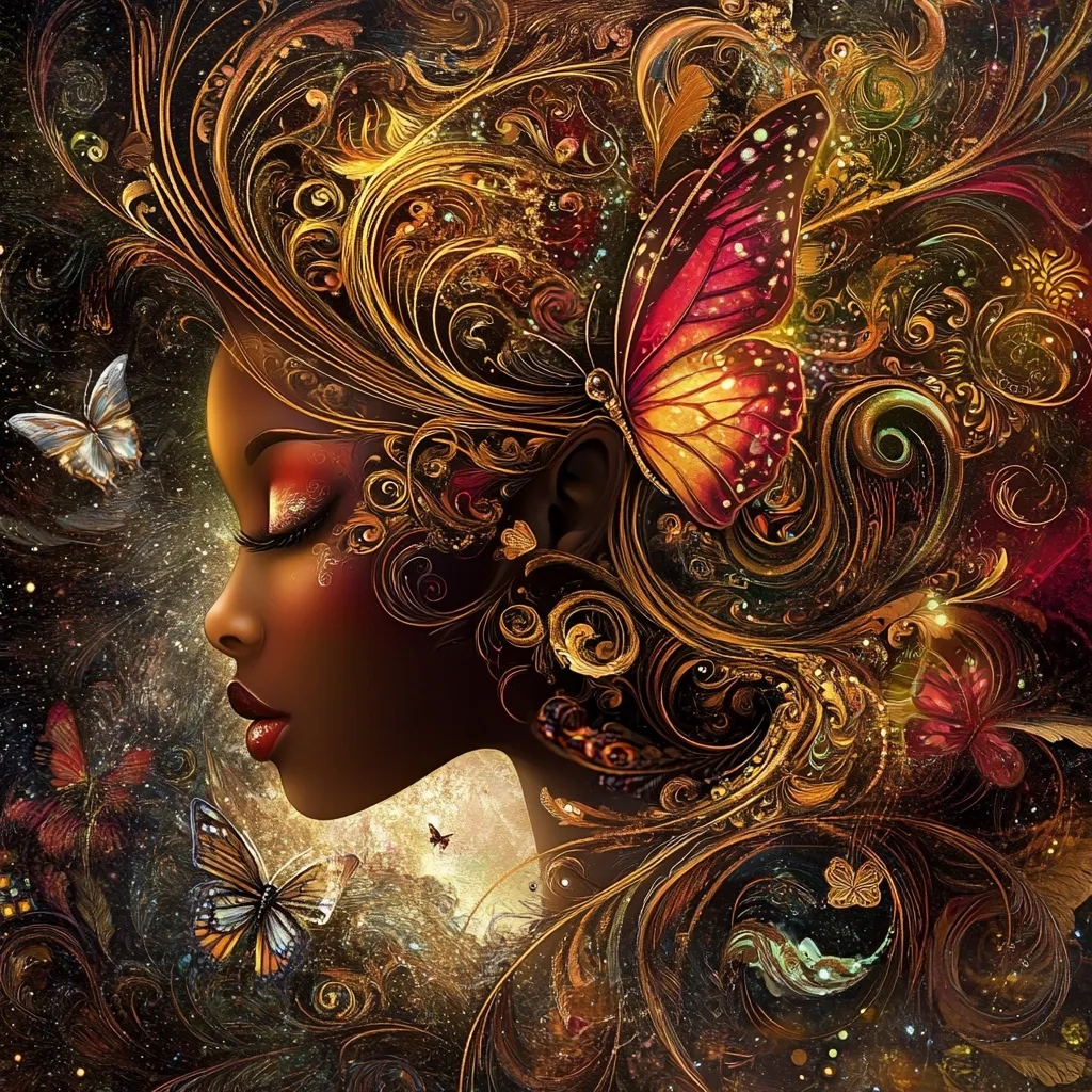 A digital painting depicts a serene Black woman's profile, her hair styled as ornate golden filigree.  Butterflies, both large and small, flutter around her, adding to the mystical, dreamlike atmosphere. The background is a cosmic swirl of dark and gold, creating a rich, textured effect. The overall style is fantasy art, blending elements of nature and ornate design.