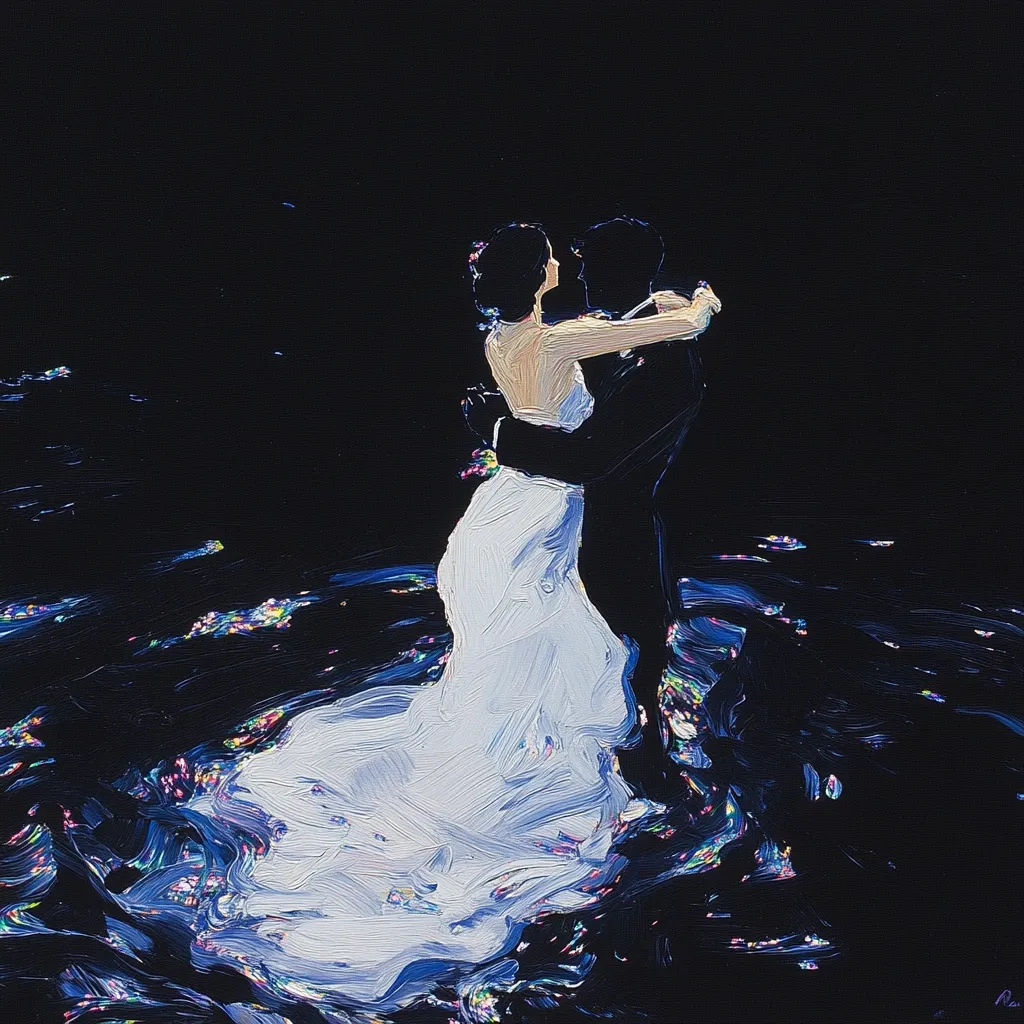 A painting depicts a couple embracing in a passionate dance. The woman is in a flowing white wedding gown, her partner in a dark suit.  They are surrounded by dark, swirling water, depicted with thick, impasto brushstrokes that give the scene a dreamlike quality. The overall effect is romantic and mysterious, set against a black background. The dark colors contrast sharply with the bride's bright white dress.