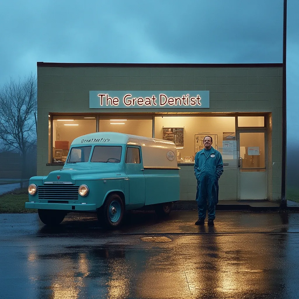 A teal vintage panel van, labeled "The Great Dentist," sits parked in front of a dentist's office under a twilight sky. A man in a teal jumpsuit stands proudly before the van, possibly the dentist himself. The scene evokes a nostalgic, possibly melancholic mood, with the wet pavement reflecting the building's warm interior lights.  The overall impression is one of quiet solitude and perhaps a hint of mystery.