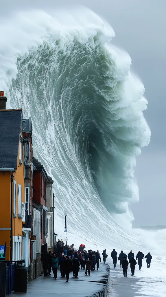A colossal wave, a breathtaking spectacle of nature's power, towers over a seaside town.  People, dwarfed by the immense wall of water, stand on a seawall, observing the awe-inspiring yet potentially dangerous scene.  The houses along the waterfront seem vulnerable, the wave's scale emphasizing the overwhelming force of the ocean.  The sky is overcast, adding to the dramatic intensity of the moment.