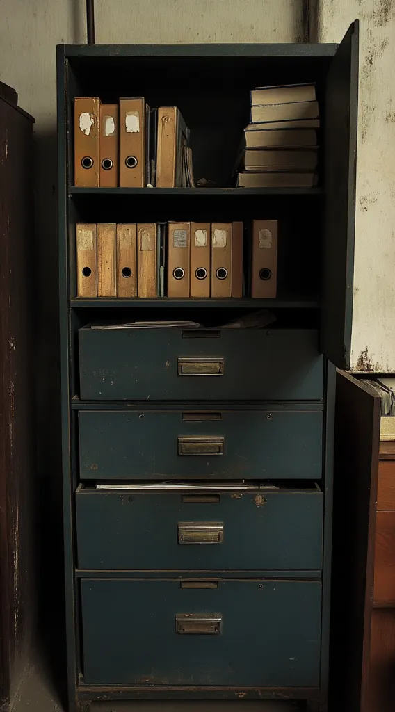 A dark teal metal cabinet stands against a textured wall.  The top section features shelves filled with aged binders and stacks of books. Below, three drawers provide additional storage space.  The cabinet shows signs of wear and age, adding to its vintage character.  The overall impression is one of quiet storage and perhaps forgotten records.