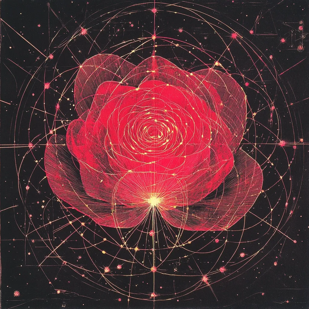 A vibrant red rose is depicted at the center, its petals delicately rendered with fine lines, glowing with an inner light.  It's enveloped by a complex network of golden lines resembling constellations or energy pathways, spreading across a dark background speckled with tiny stars. The overall effect is one of cosmic beauty and interconnectedness, suggesting a celestial rose.