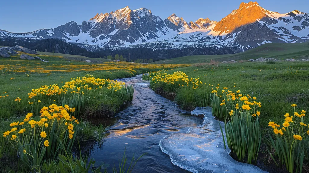 A serene stream flows through a vibrant meadow dotted with bright yellow wildflowers.  Majestic snow-capped mountains rise in the background, bathed in the warm glow of the setting sun.  The scene is a picturesque blend of alpine beauty and springtime flora, creating a breathtaking natural landscape.  A small patch of remaining ice floats on the water's surface, suggesting a recent thaw.