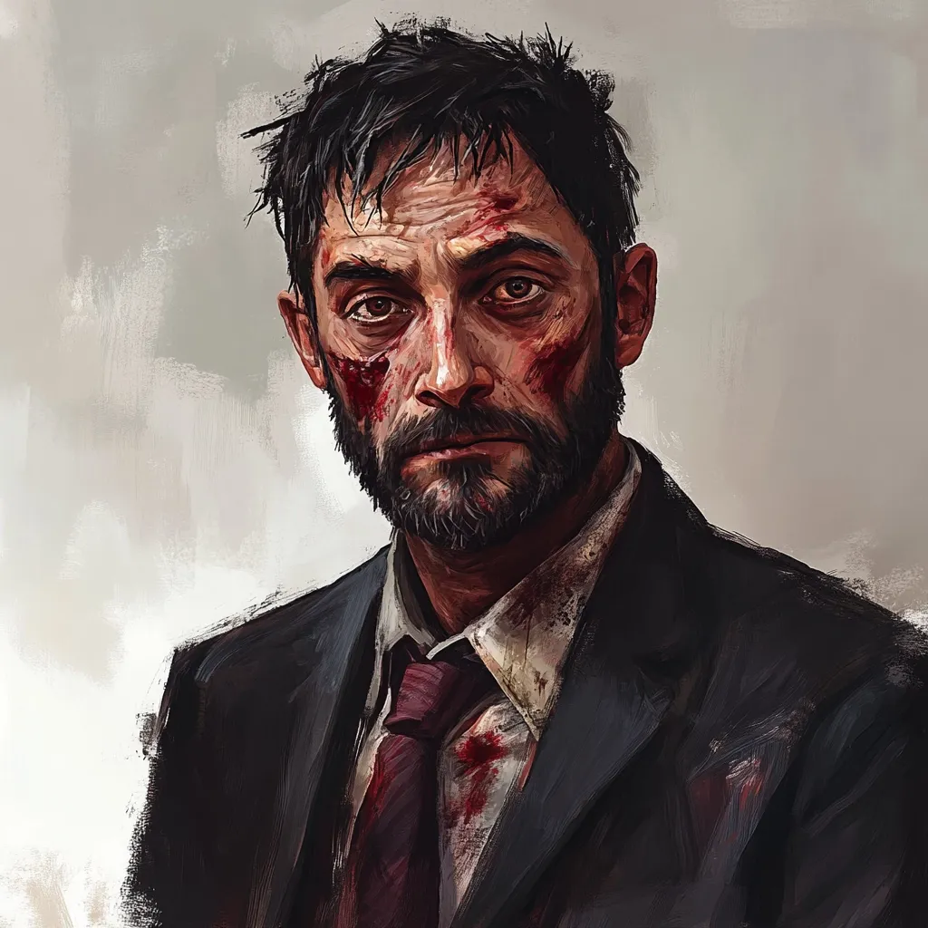 A digital painting depicts a man's portrait. He has dark, messy hair and a beard, his face is covered in blood splatters. His expression is somber, and he wears a dark suit and a burgundy tie, also stained with blood. The background is a muted gray, emphasizing the man and his injuries. The style is painterly, with visible brushstrokes creating texture. The overall mood is one of seriousness and perhaps violence.