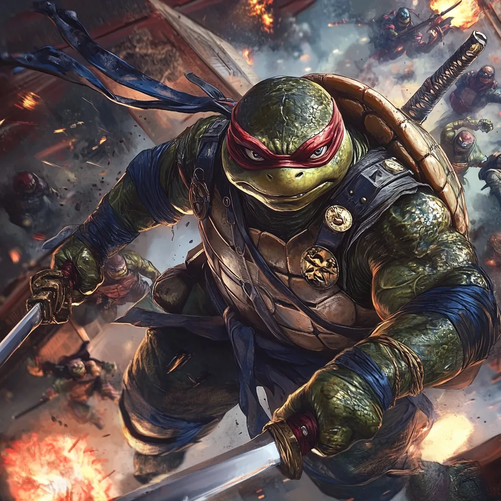 A dynamic illustration of Raphael, a Teenage Mutant Ninja Turtle, dominates the scene.  He's depicted mid-battle, wielding twin katana swords amidst a chaotic, explosive environment.  Other turtles and enemies are visible in the background, engaged in fierce combat.  Raphael's detailed armor and determined expression convey his strength and resolve in the heart of a ninja-style conflict.