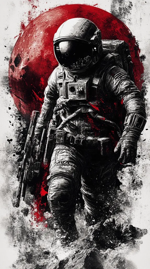 A grayscale illustration depicts an astronaut traversing a rugged, possibly alien landscape.  The astronaut, clad in a weathered spacesuit, carries a large weapon. A large, blood-red planet looms in the background, creating a dramatic, gritty atmosphere. The style is reminiscent of a splash painting, with heavy texture and splatters adding to the scene's intensity.