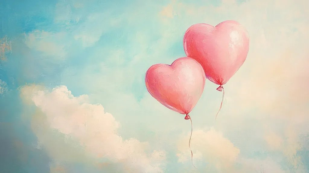 Two pink heart-shaped balloons drift against a pale blue sky, adorned with soft, wispy clouds.  The painting evokes a feeling of lightness, romance, and gentle hope. The soft pastel colors and painterly style create a dreamy, ethereal atmosphere.  The balloons appear to float effortlessly, symbolizing love and freedom.