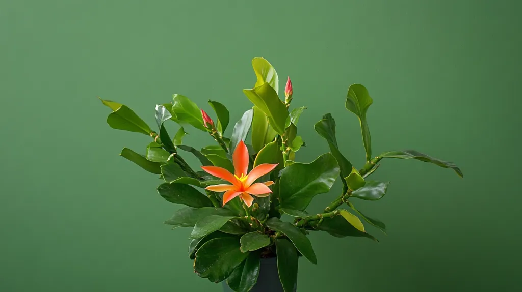 A vibrant orange flower blossoms amidst lush green foliage.  The plant, potted in a dark gray container, is set against a solid green background.  Several unopened buds suggest more blooms to come. The leaves are broad and dark green, creating a striking contrast with the flower's bright color.  The overall image is one of vibrant life and natural beauty.