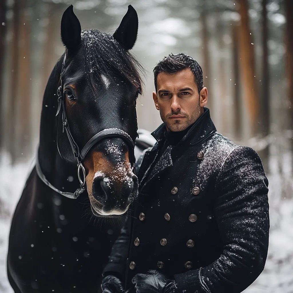 A handsome man in a stylish black double-breasted coat stands beside a black horse in a snowy winter forest.  Snow lightly dusts both the man and the horse's coat. The man looks directly at the camera, conveying a sense of confidence and strength. The scene evokes a feeling of classic elegance and wintery charm.