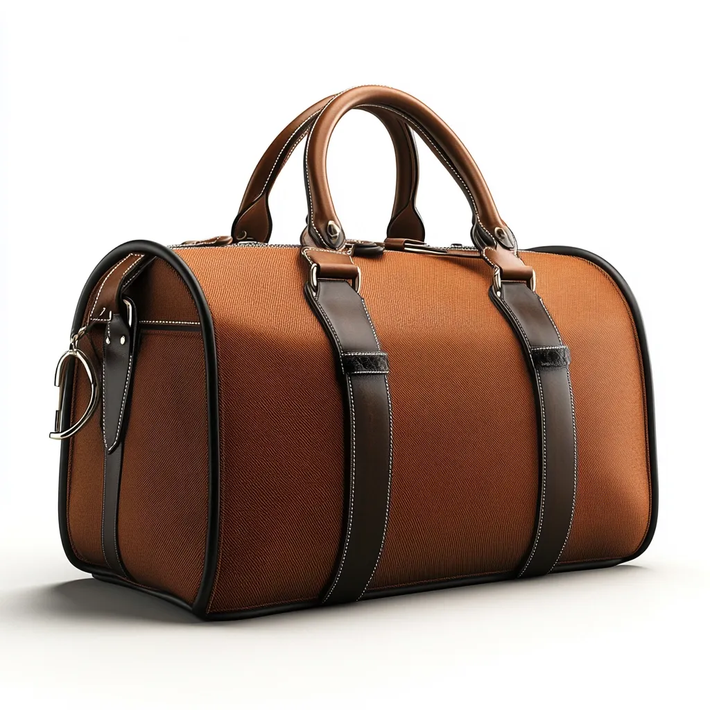 A luxurious brown duffel bag is showcased against a stark white backdrop.  The bag is constructed from a textured fabric, accented with rich brown leather trim and handles.  Subtle stitching details enhance its refined aesthetic.  A small, metallic charm is attached to the side. The bag projects an image of sophistication and quality craftsmanship.