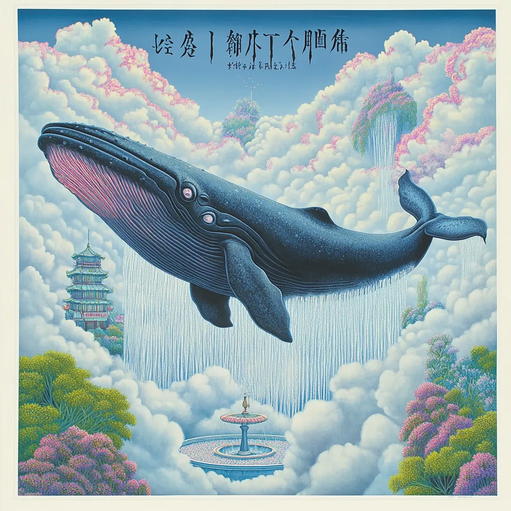 A surreal artwork depicts a large whale suspended in a sky filled with fluffy clouds.  Waterfalls cascade from the sky, flowing from the whale's body. Below, a tranquil fountain sits amidst vibrant, flowering plants and a pagoda-like structure. The scene is dreamlike and peaceful, blending fantastical elements with serene oriental architecture.  Japanese text is featured at the top.