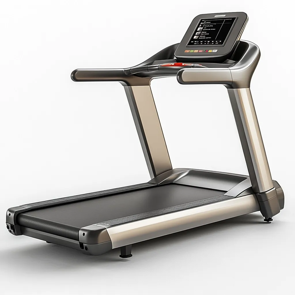 A modern treadmill with a sleek, minimalist design is shown.  The machine features a built-in console with a digital display for tracking workout data.  It has a dark gray running surface and brushed metallic accents.  The sturdy frame suggests durability, ideal for home or gym use.  The console is positioned conveniently for viewing workout metrics.