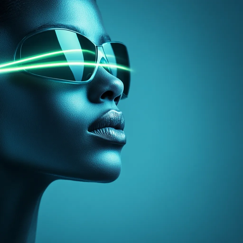 Close-up profile view of a woman's face, bathed in teal light. She wears futuristic sunglasses with a vibrant green line of light across the lenses. The image has a sleek, stylized aesthetic, suggesting a futuristic or science fiction theme.  Her expression is serene and confident. The background is a solid teal, emphasizing the subject.