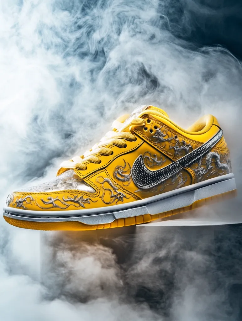 A vibrant yellow Nike Dunk Low sneaker is showcased against a smoky backdrop.  Intricate silver dragon embroidery adorns the shoe's upper, adding a luxurious touch. The shoe rests on a minimalist white platform, creating a striking contrast. The misty atmosphere enhances the shoe's dramatic presentation, emphasizing its detailed design and rich color.