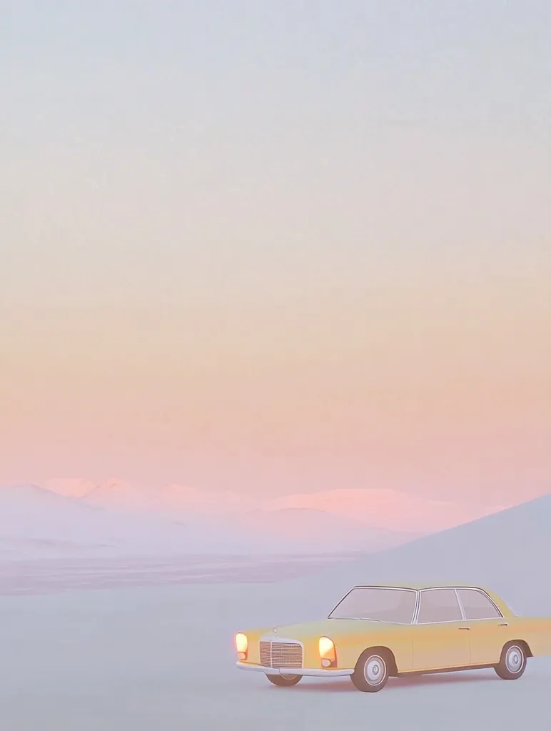 A pastel-colored illustration depicts a yellow vintage car parked on a vast, flat expanse of land under a soft, hazy sky.  The muted tones create a serene and dreamlike atmosphere.  Distant, barely visible hills are silhouetted against the pale sunset. The overall scene evokes a sense of peace and quiet solitude.