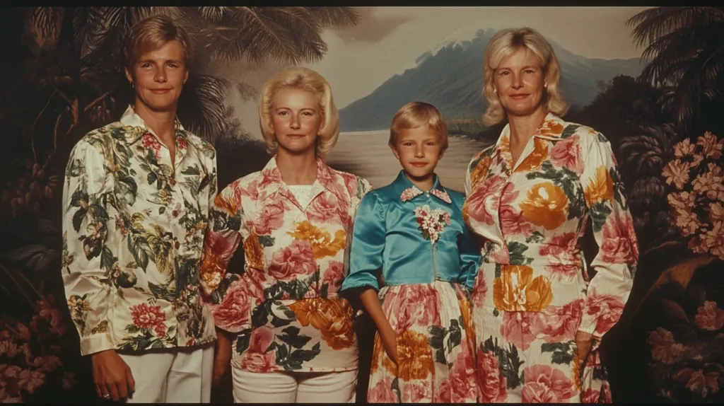 A family portrait shows four individuals, two adults and two children, all dressed in matching floral print shirts and pants. The backdrop features a painted tropical scene with palm trees and a mountain range. The clothing's vibrant colors and patterns stand out against the background, creating a striking visual contrast.  The overall style suggests a 1970s aesthetic.